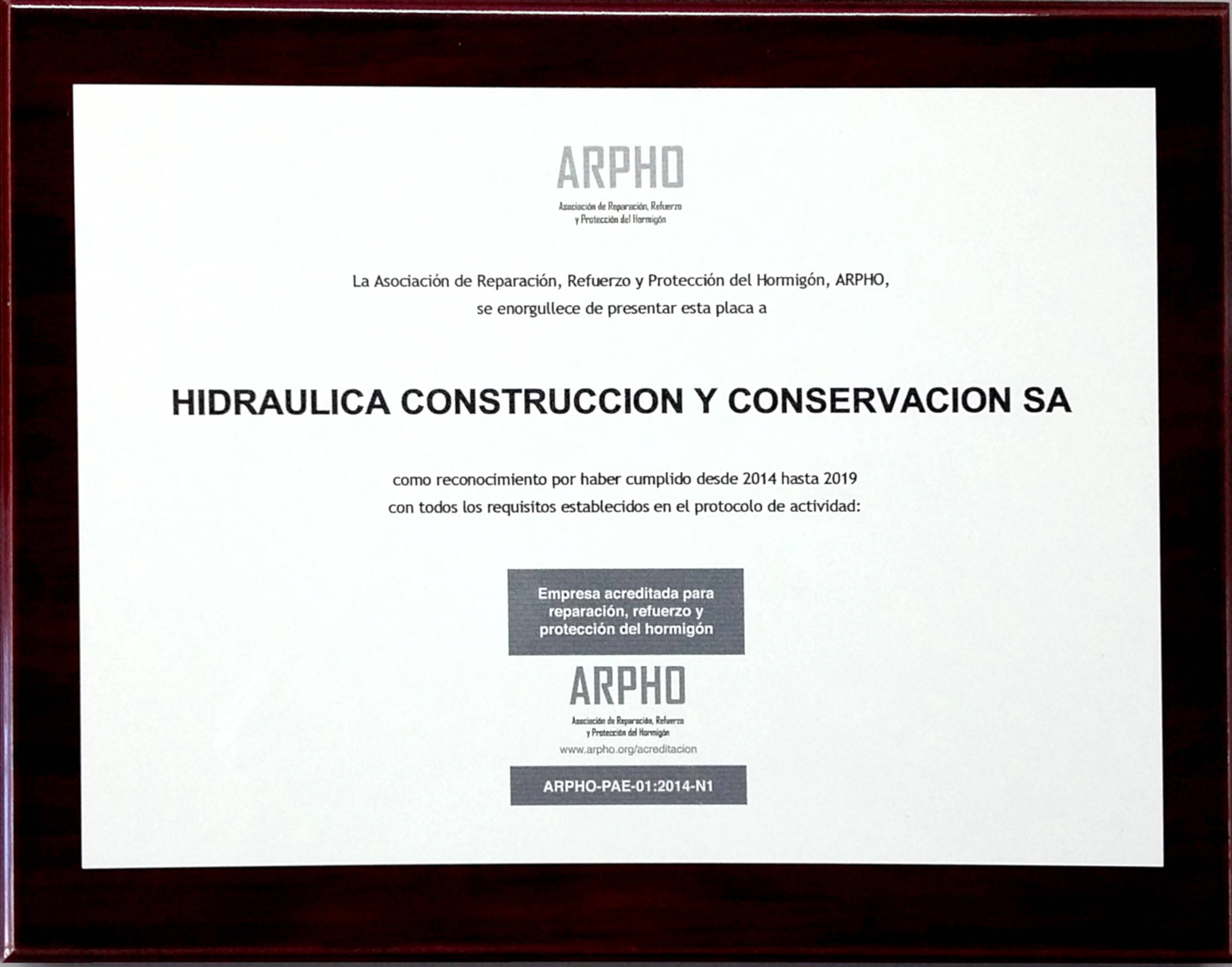Reconocimiento de ARPHO a HCC por el cumplimiento de requisitos de la actividad reparación, refuerzo y protección del hormigón