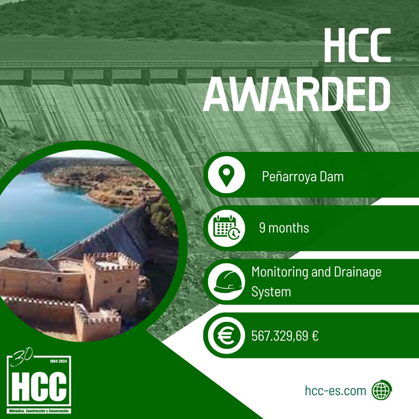 HCC awarded the contract for the implementation of ground contact monitoring of the dam foundation and improvement of the drainage network at Peñarroya Dam for an amount of 567,329.69€.